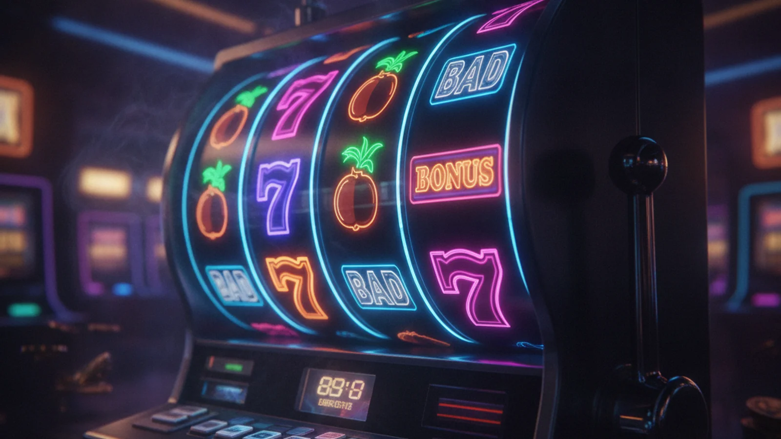 Macro shot of glowing online slot machine reels in a dark casino interior
