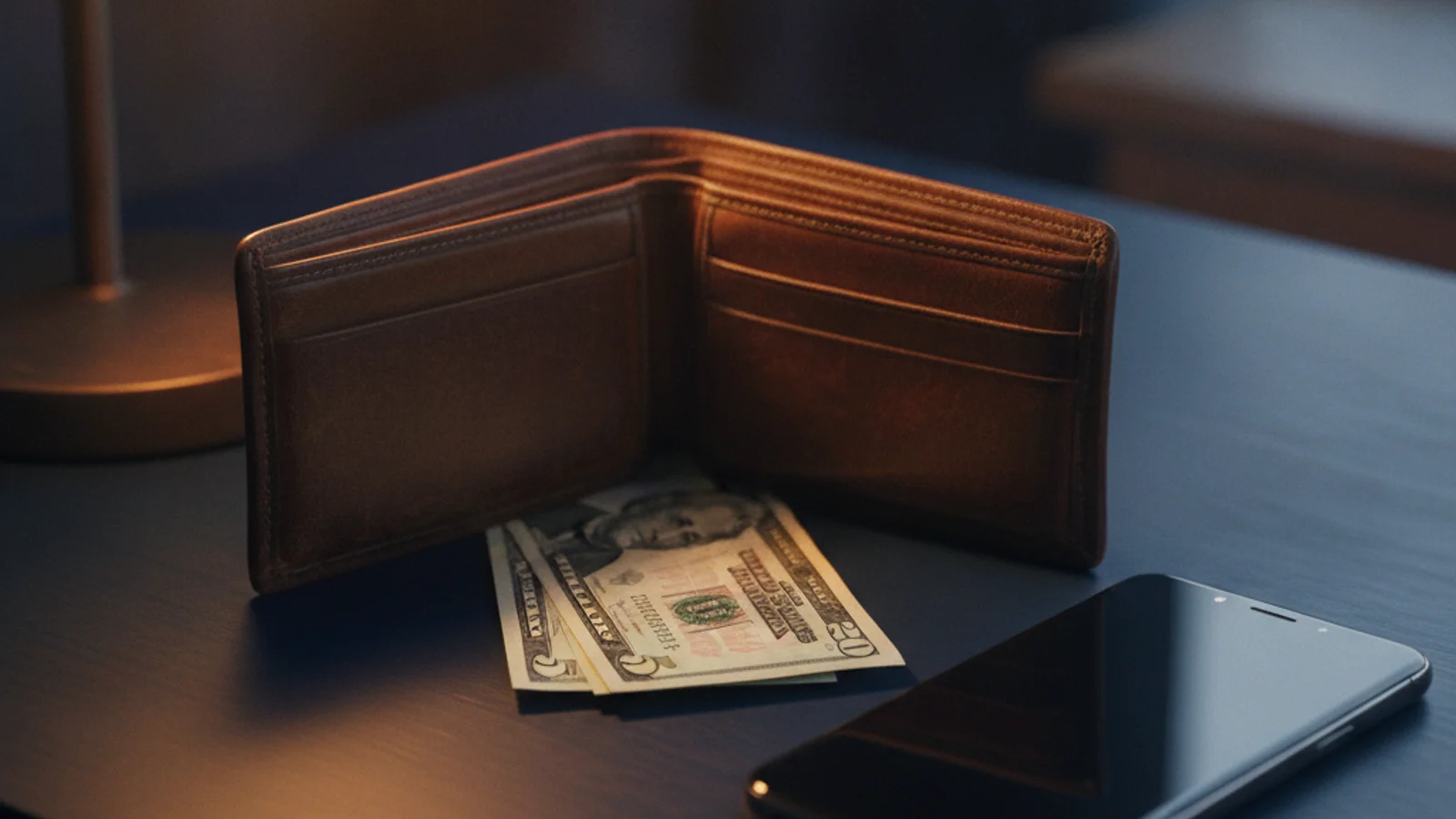 Close-up editorial photograph of a physical leather wallet